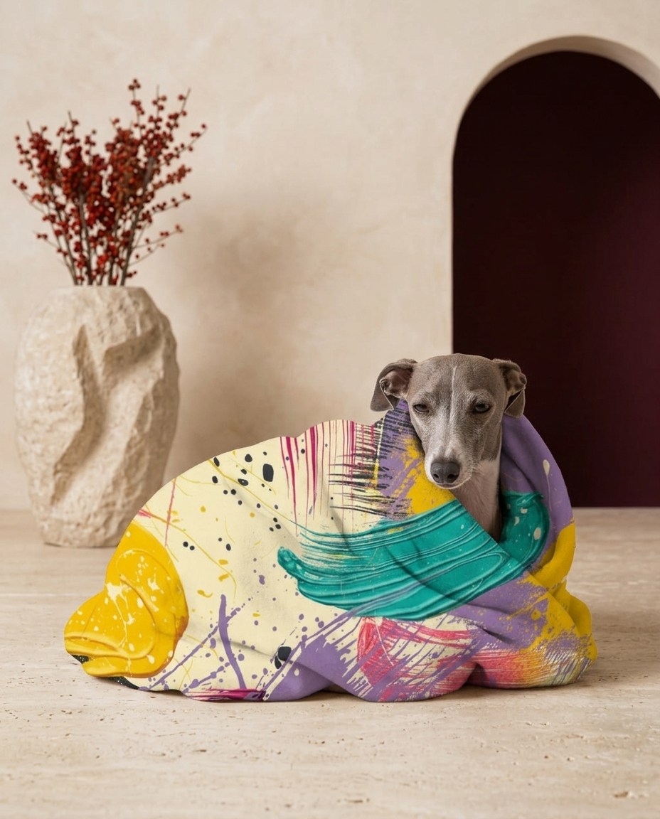 Italian Greyhound wrapped in the Iggy Grey cozy blanket