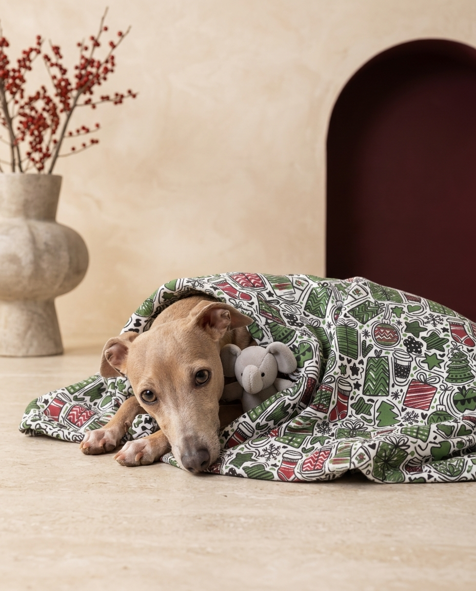 Italian Greyhound wrapped in the Iggy Grey cozy blanket