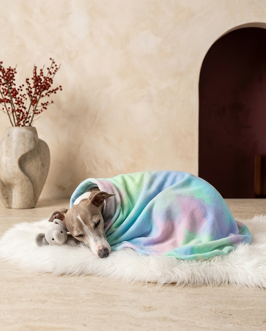 Italian Greyhound wrapped in the Iggy Grey cozy blanket