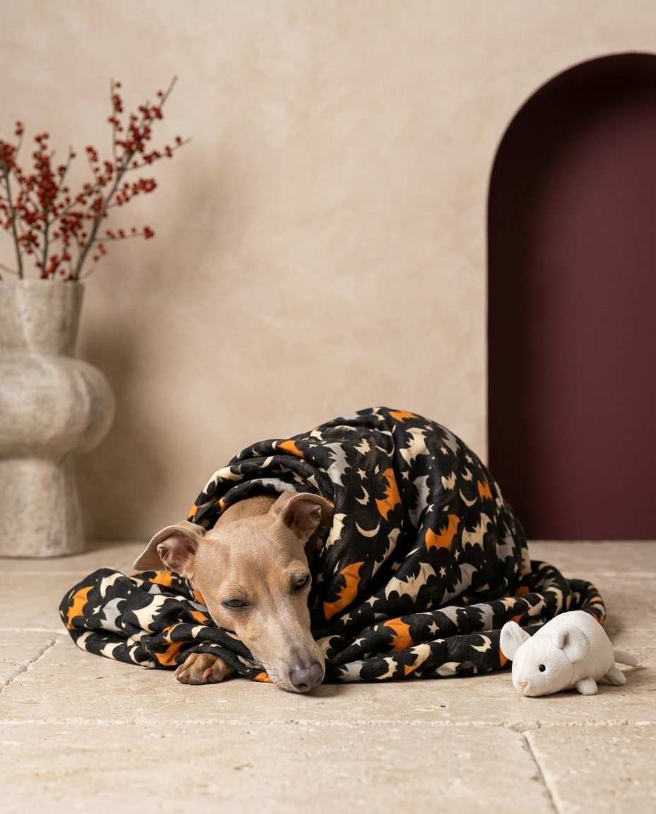 Italian Greyhound wrapped in the Iggy Grey cozy blanket