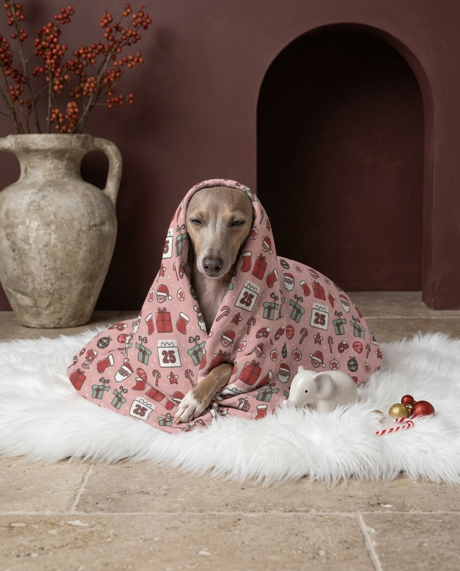 Italian Greyhound wrapped in the Iggy Grey cozy blanket