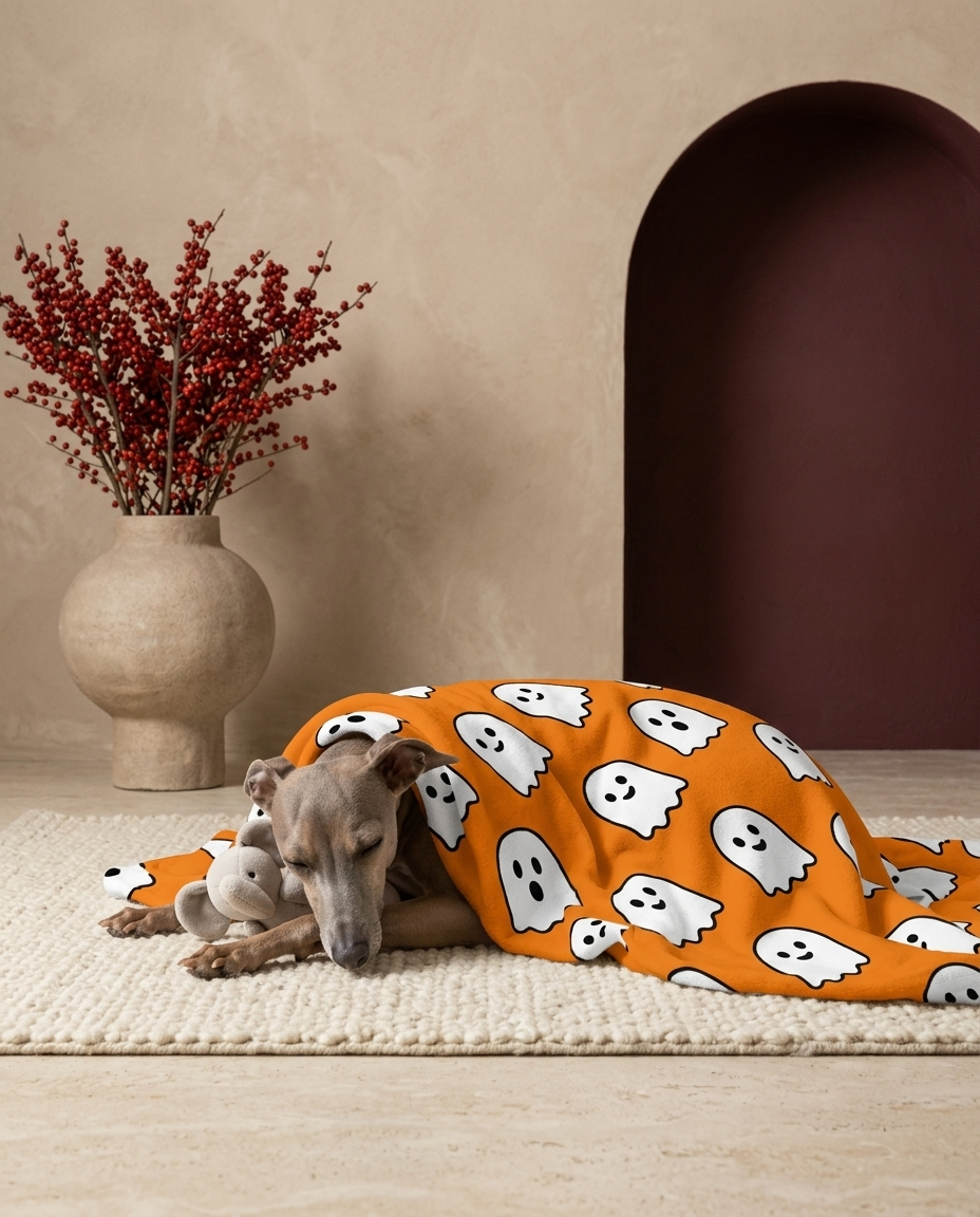 Italian Greyhound wrapped in the Iggy Grey cozy blanket