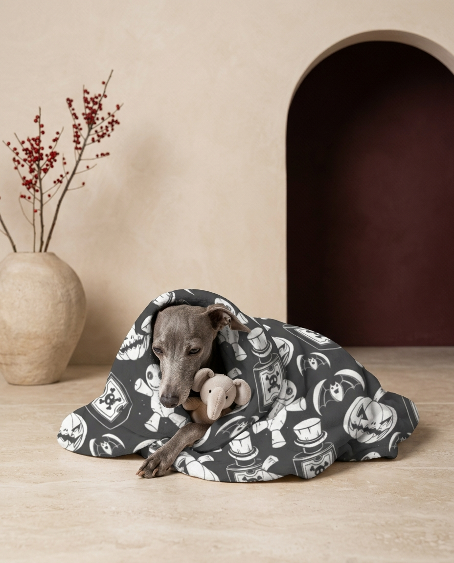 Italian Greyhound wrapped in the Iggy Grey cozy blanket