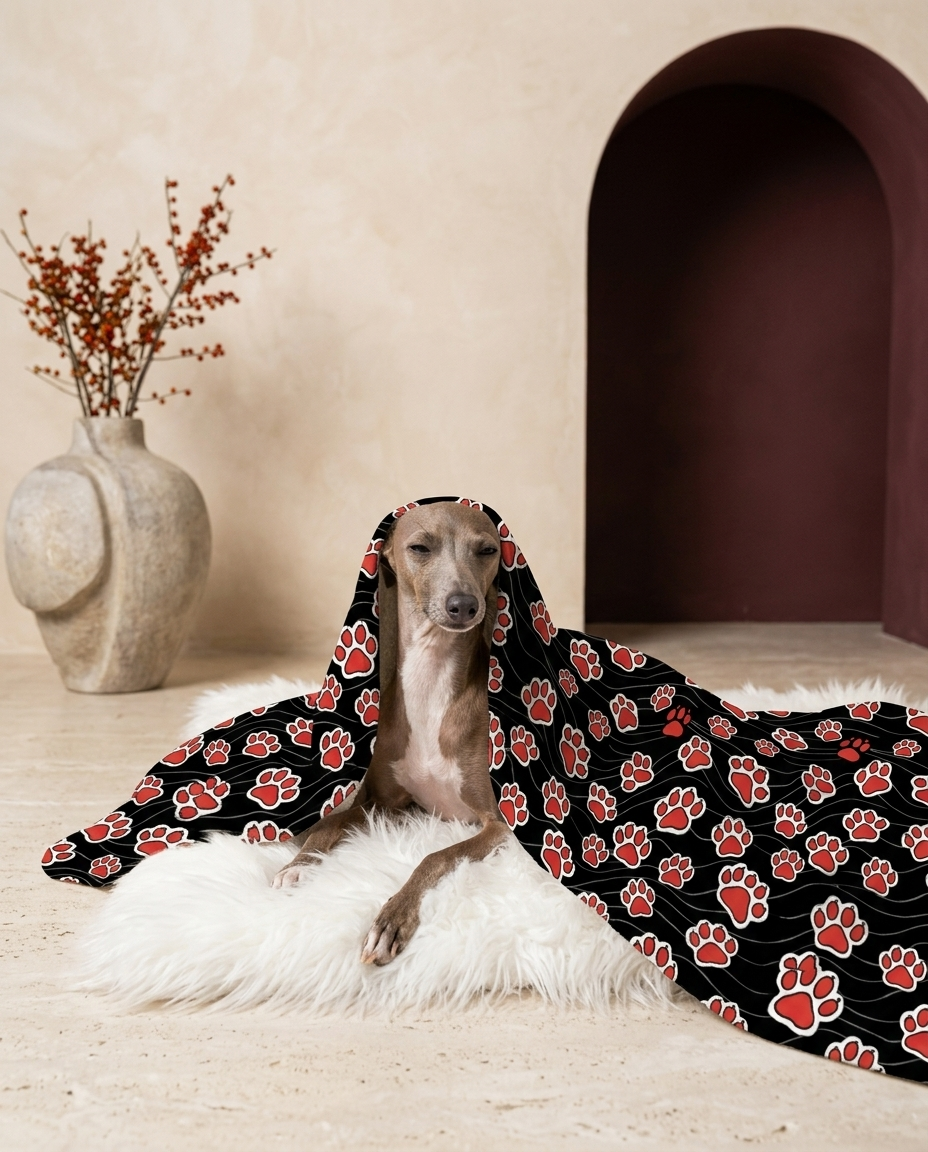 Italian Greyhound wrapped in the Iggy Grey cozy blanket