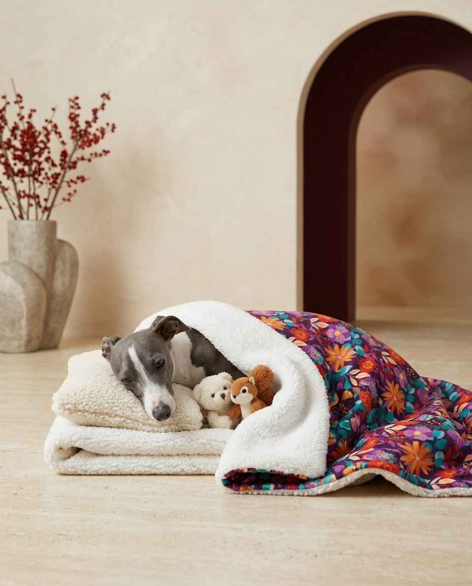 Italian Greyhound wrapped in the Iggy Grey cozy blanket