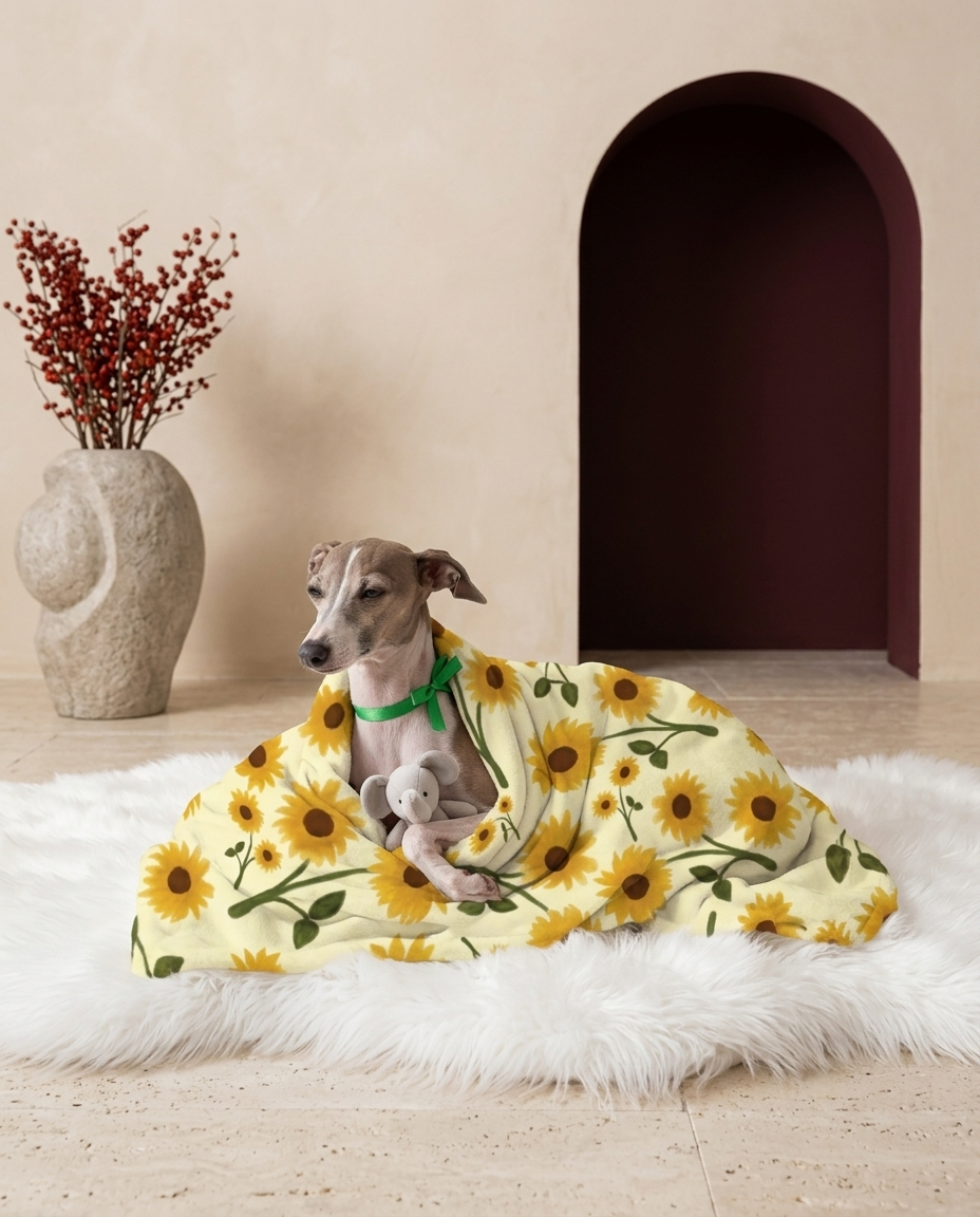 Italian Greyhound wrapped in the Iggy Grey cozy blanket
