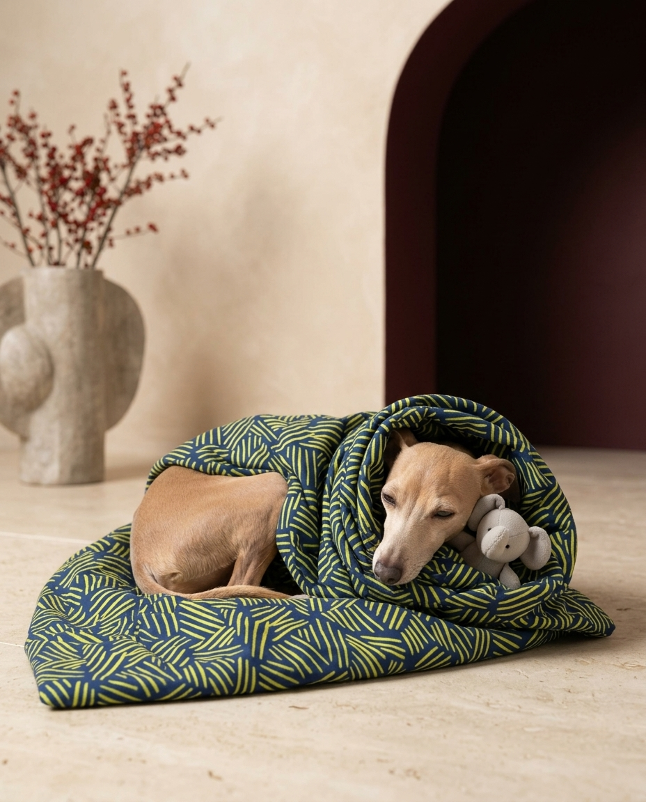 Italian Greyhound wrapped in the Iggy Grey cozy blanket