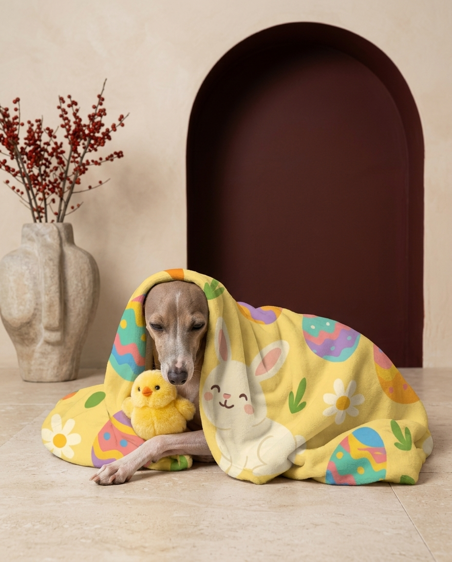 Italian Greyhound wrapped in the Iggy Grey cozy blanket