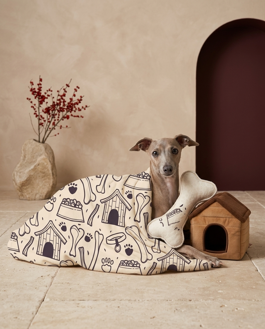 Italian Greyhound wrapped in the Iggy Grey cozy blanket