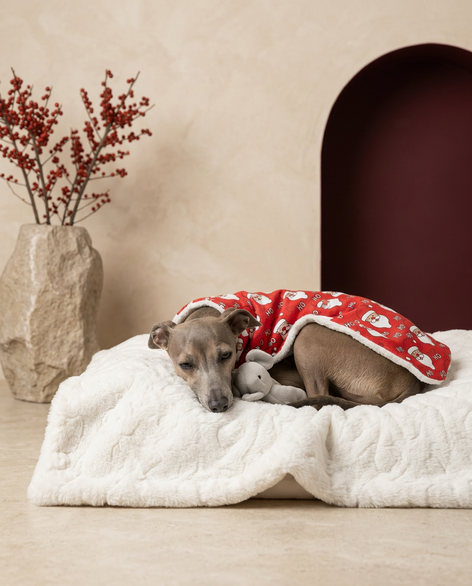 Italian Greyhound wrapped in the Iggy Grey cozy blanket