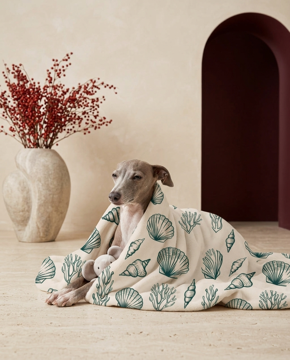 Italian Greyhound wrapped in the Iggy Grey cozy blanket