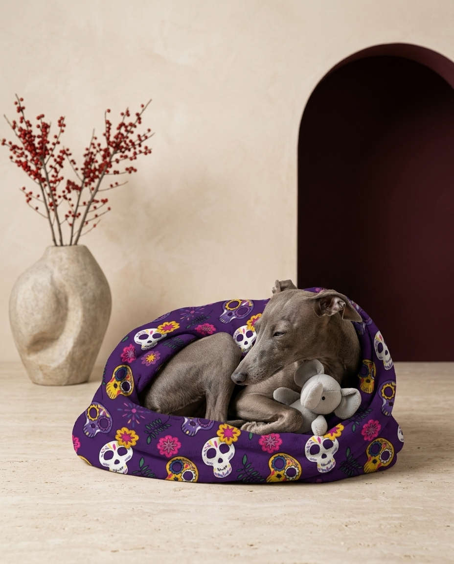 Italian Greyhound wrapped in the Iggy Grey cozy blanket