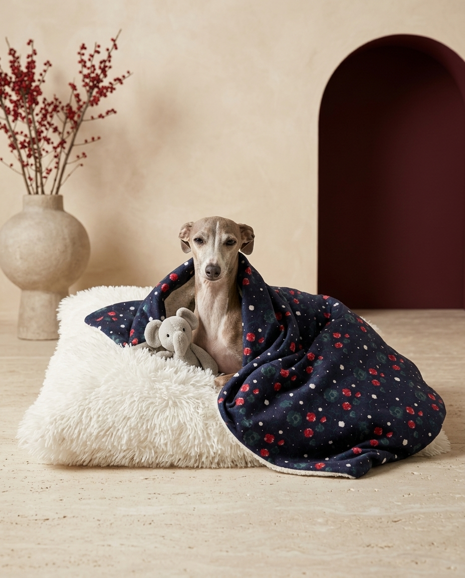Italian Greyhound wrapped in the Iggy Grey cozy blanket