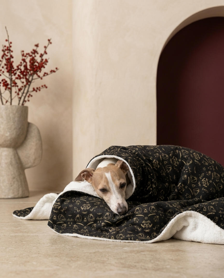 Italian Greyhound wrapped in the Iggy Grey cozy blanket