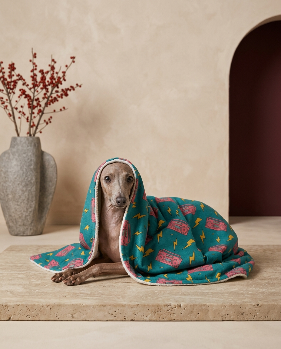 Italian Greyhound wrapped in the Iggy Grey cozy blanket