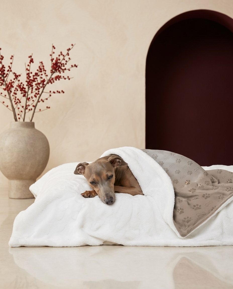 Italian Greyhound wrapped in the Iggy Grey cozy blanket