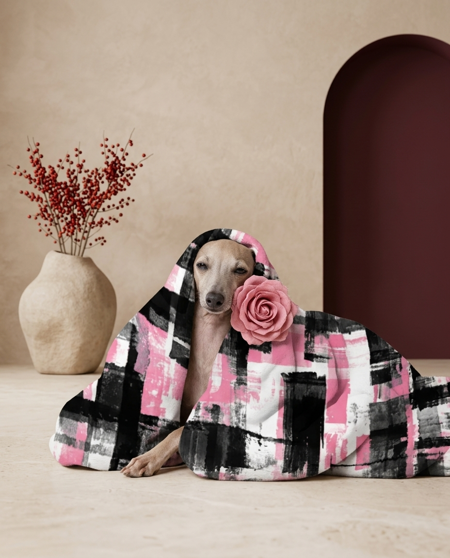 Italian Greyhound wrapped in the Iggy Grey cozy blanket