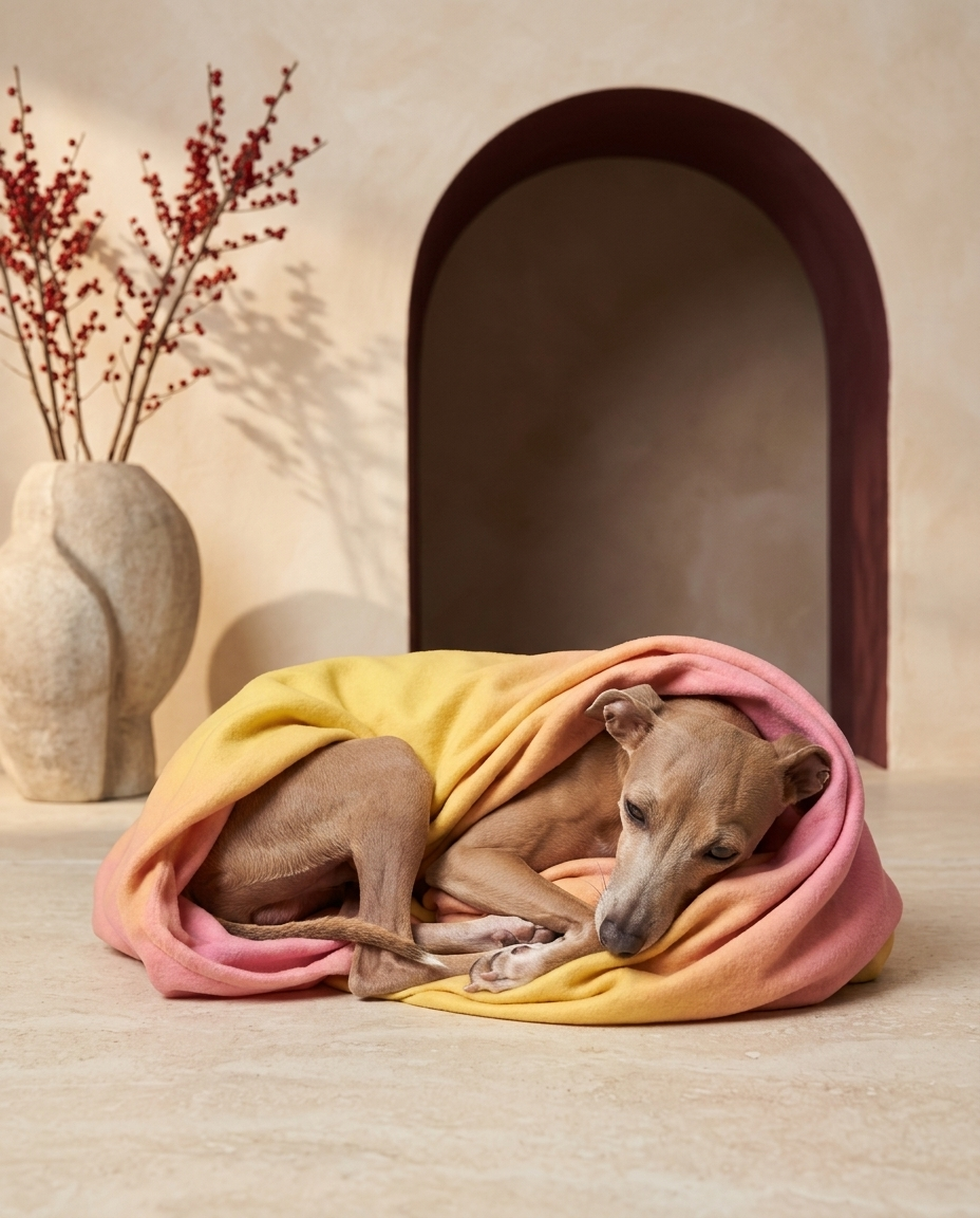 Italian Greyhound wrapped in the Iggy Grey cozy blanket