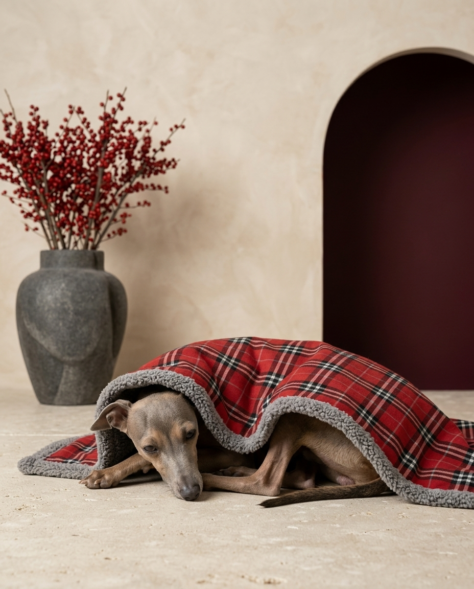 Italian Greyhound wrapped in the Iggy Grey cozy blanket