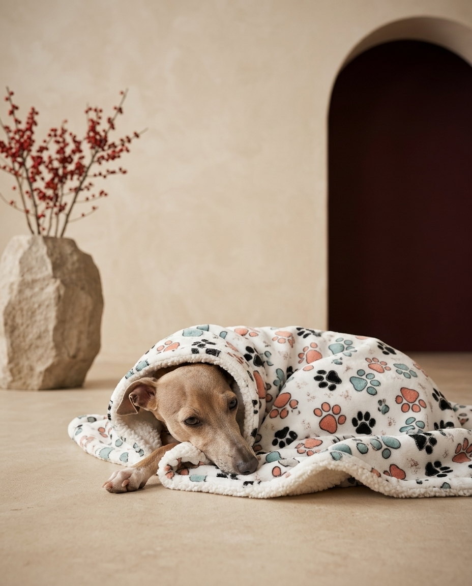 Italian Greyhound wrapped in the Iggy Grey cozy blanket