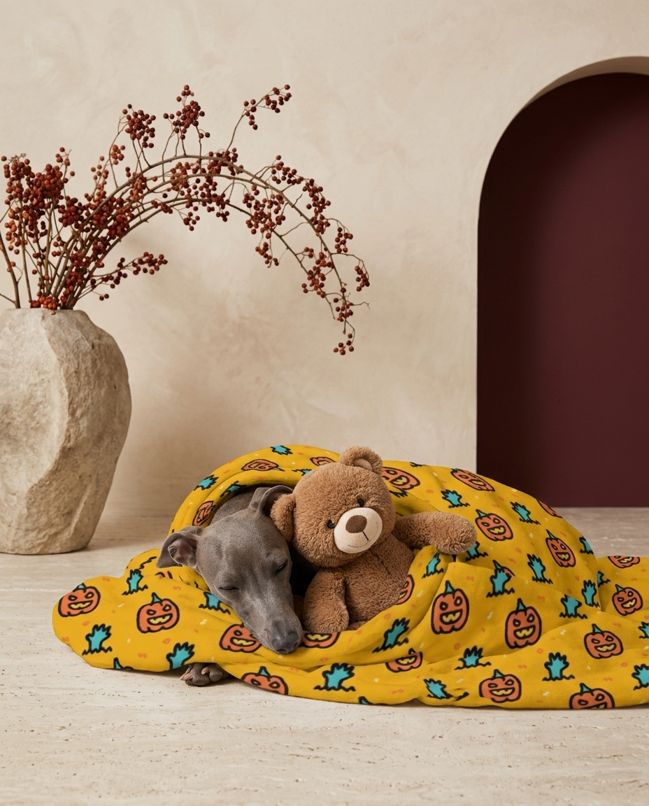 Italian Greyhound wrapped in the Iggy Grey cozy blanket
