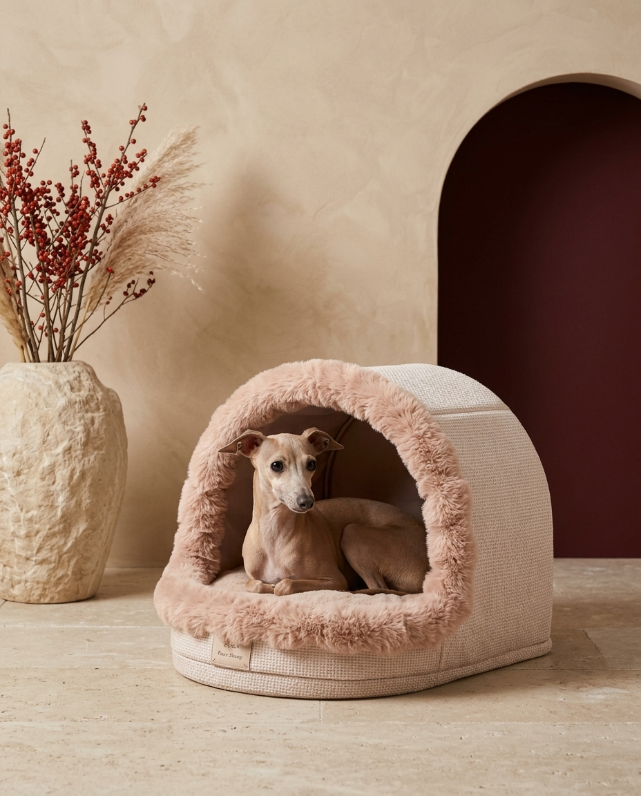 Italian Greyhound resting in the Iggy Grey bubble enclosed cave bed