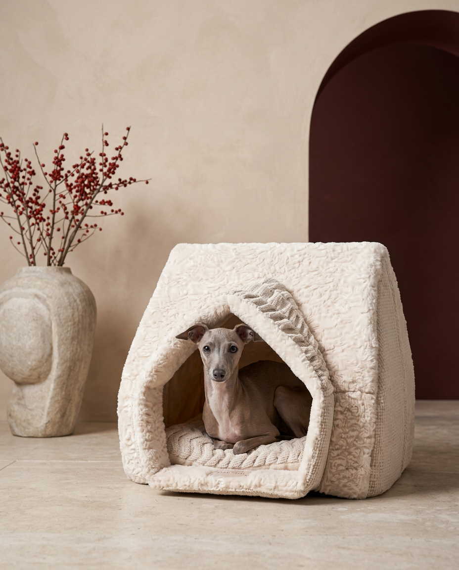 Italian Greyhound resting in the Iggy Grey winter warm plush dog house