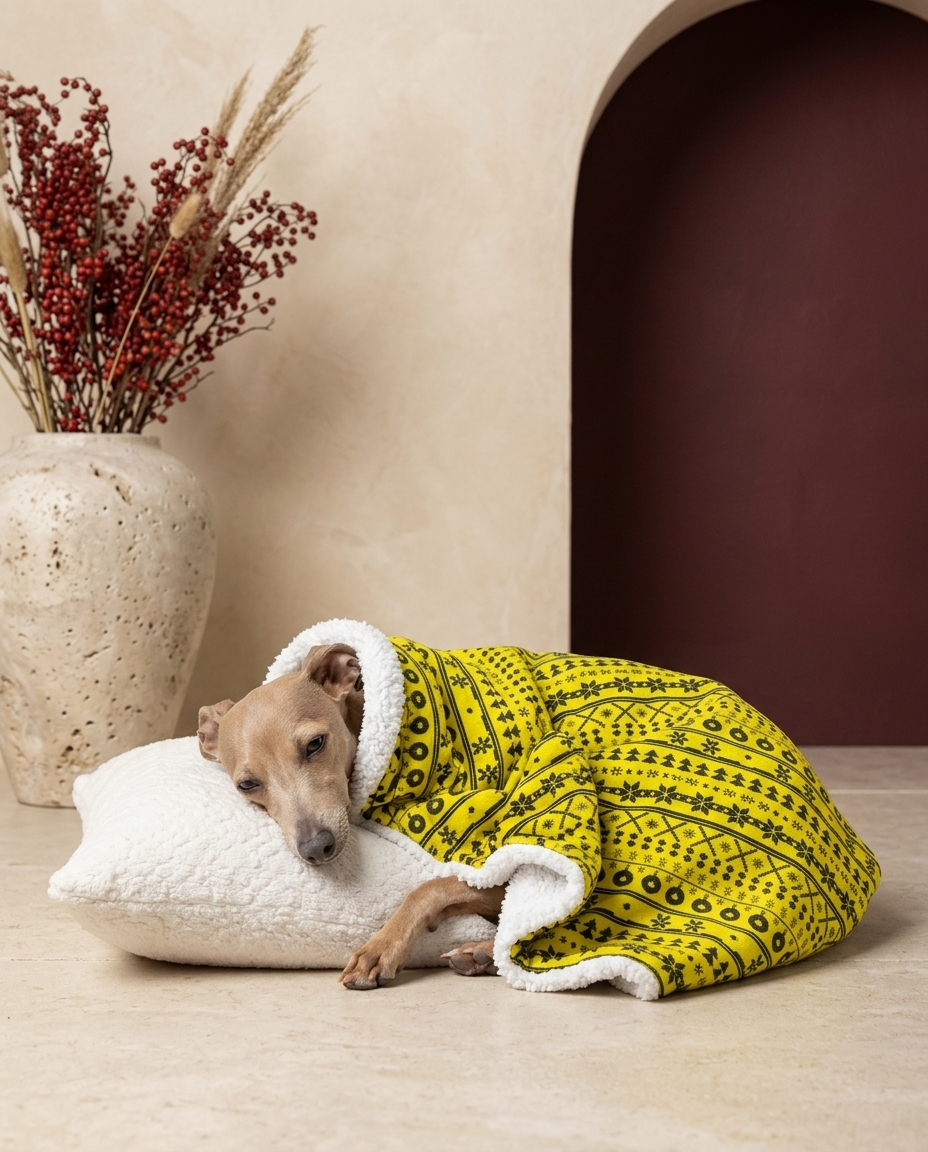 Italian Greyhound wrapped in the Iggy Grey cozy blanket