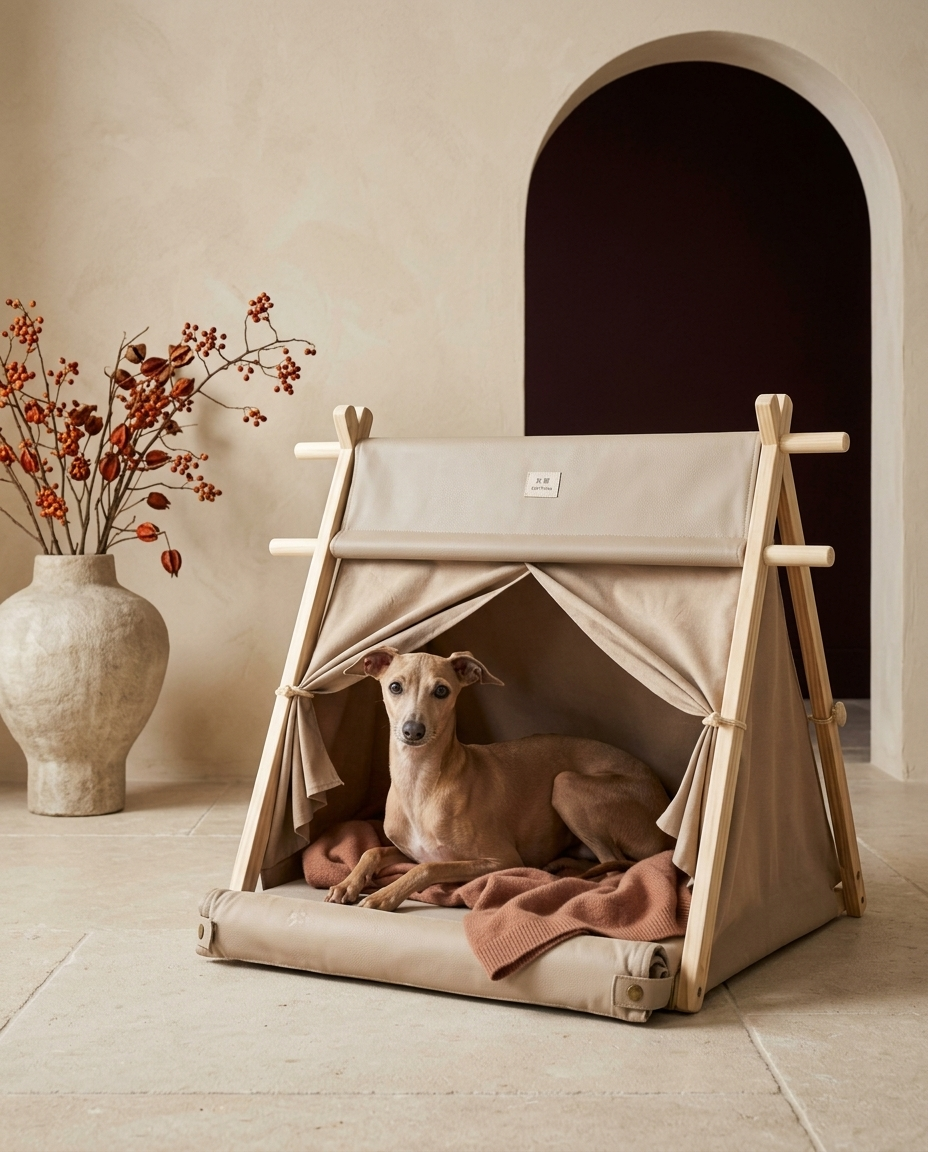 Italian Greyhound resting in the Iggy Grey foldable canvas tent bed