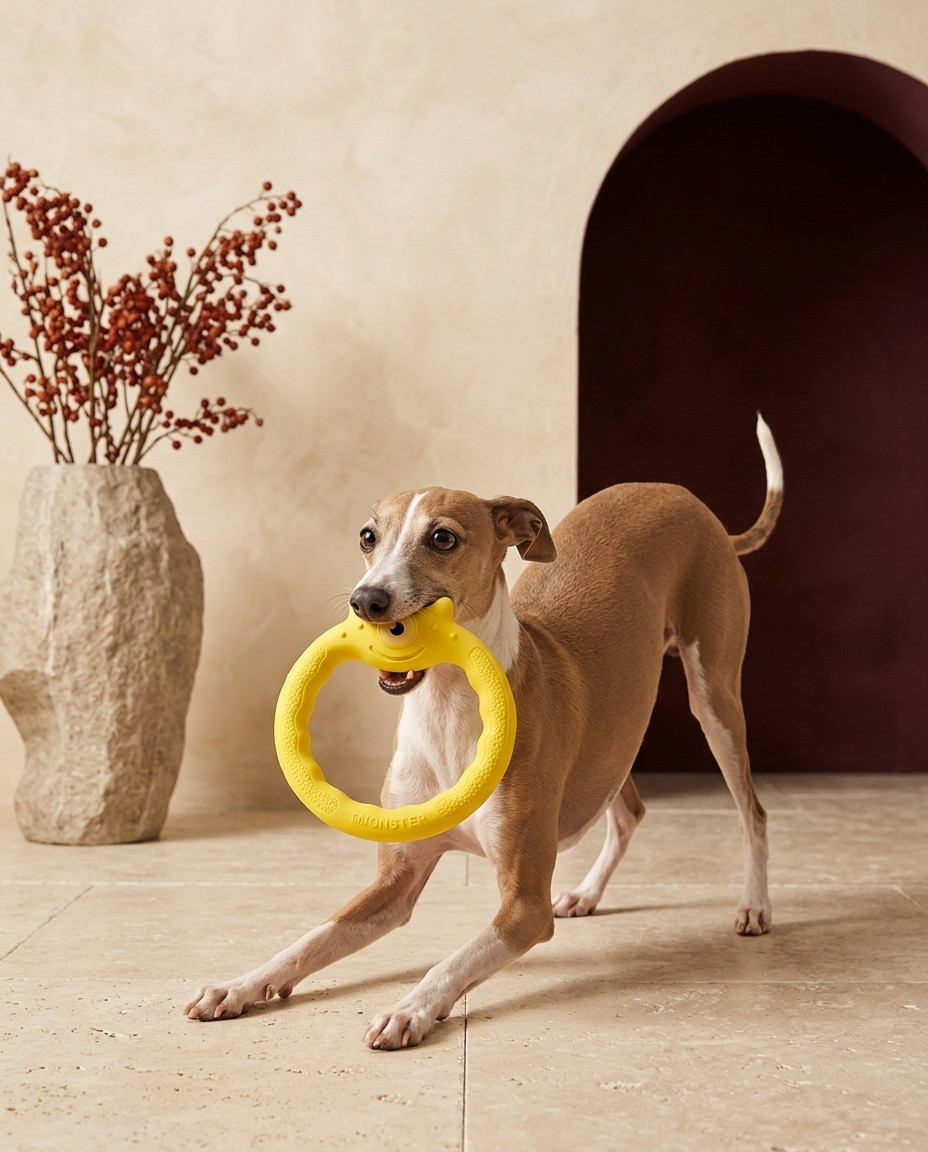Italian Greyhound playing with the Iggy Grey frisbee chew toy