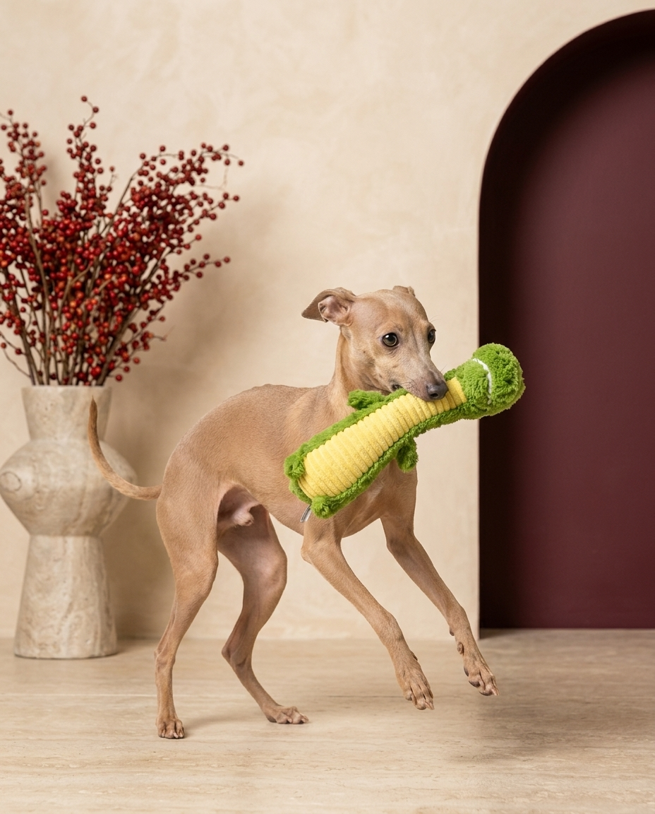 Italian Greyhound playing with the Iggy Grey squeaky plush crocodile toy