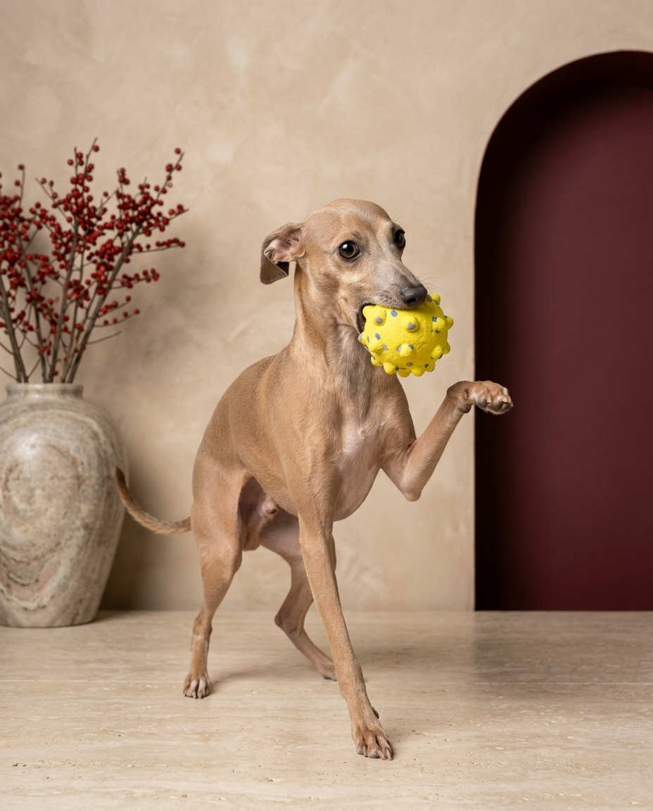 Italian Greyhound playing with the Iggy Grey chew ball toy