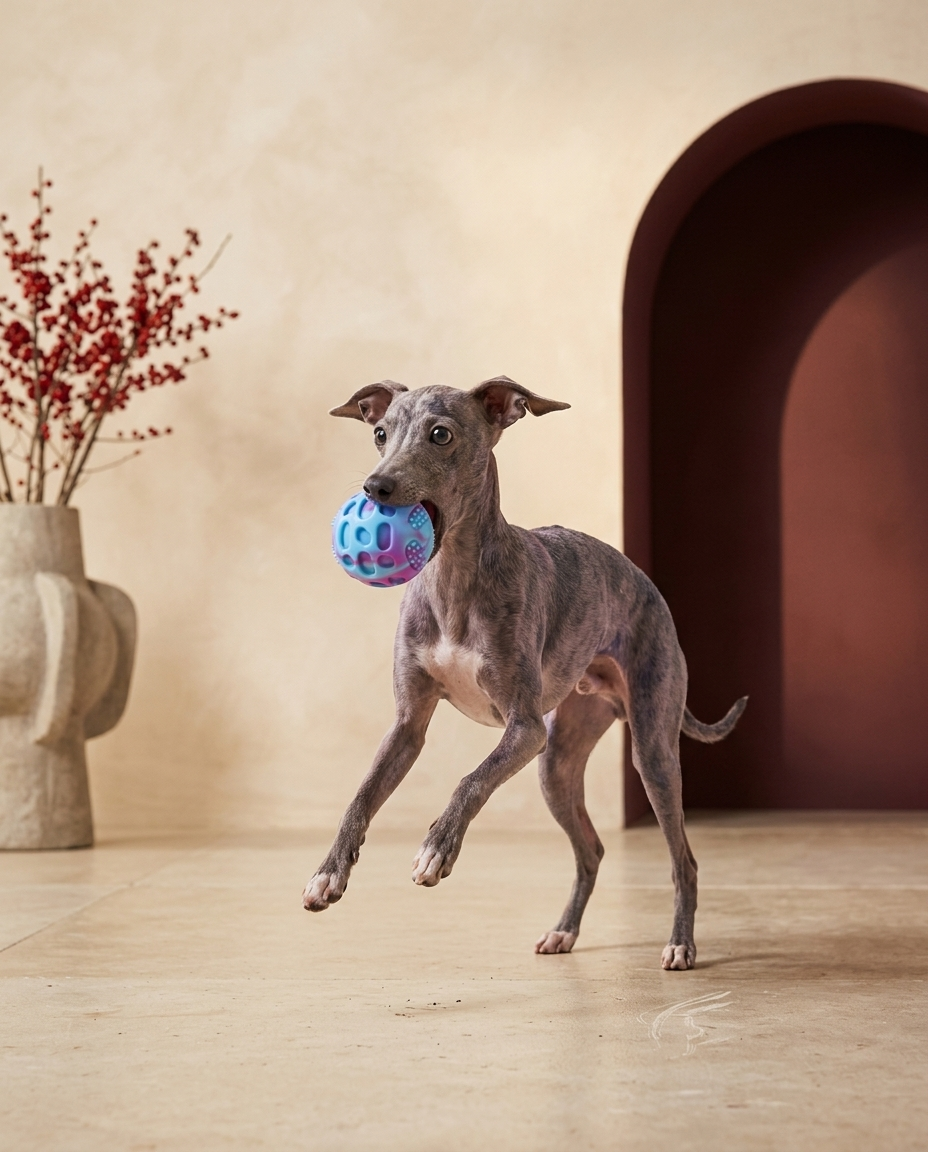 Italian Greyhound playing with the Iggy Grey bouncy chew ball toy