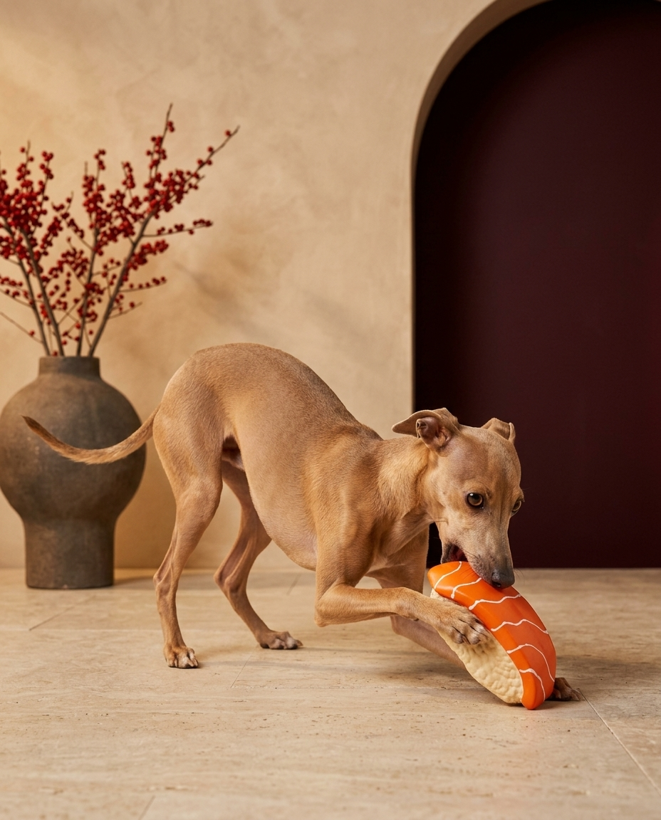Italian Greyhound playing with the Iggy Grey squeaky latex sushi toy