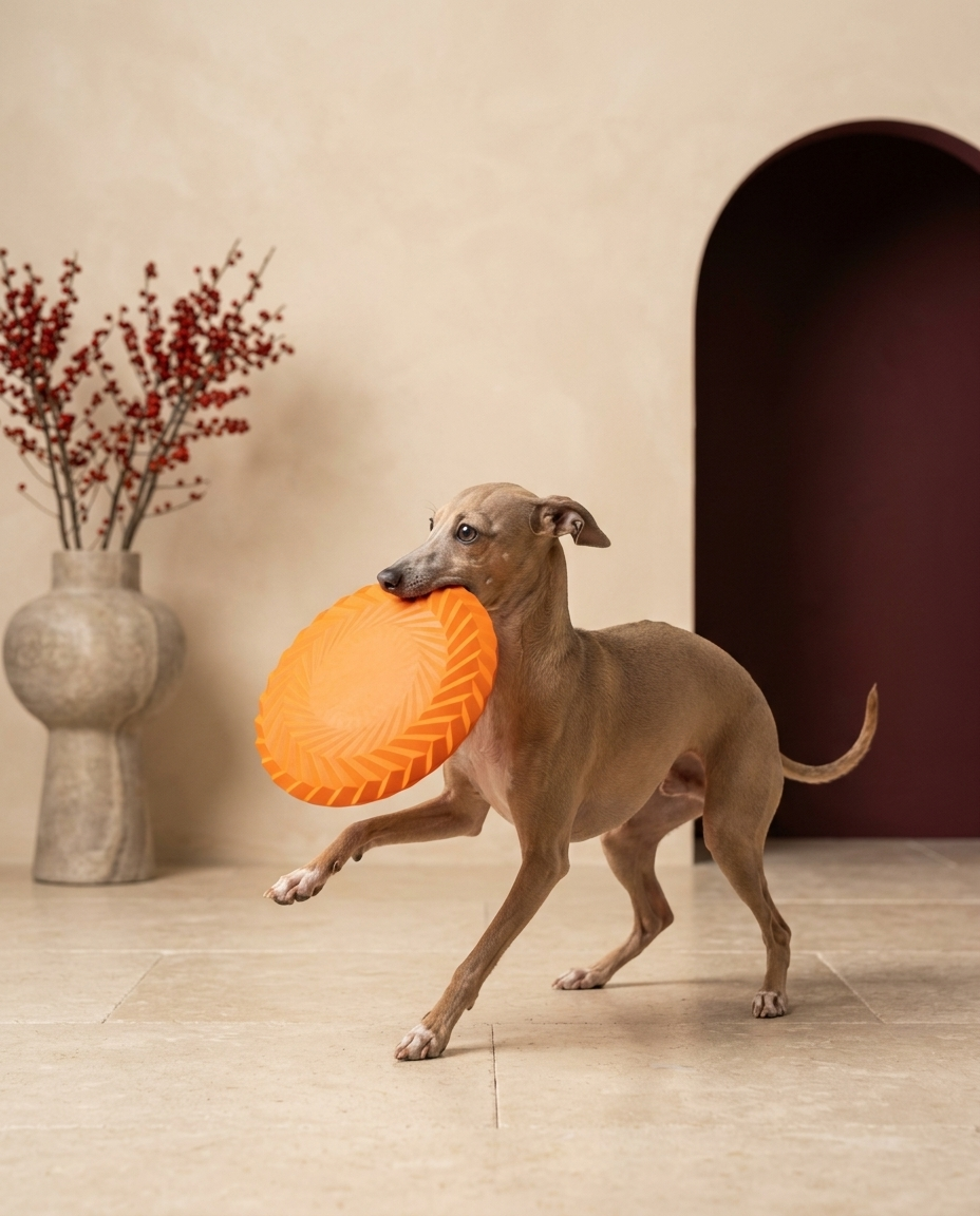 Italian Greyhound playing with the Iggy Grey training flying disc