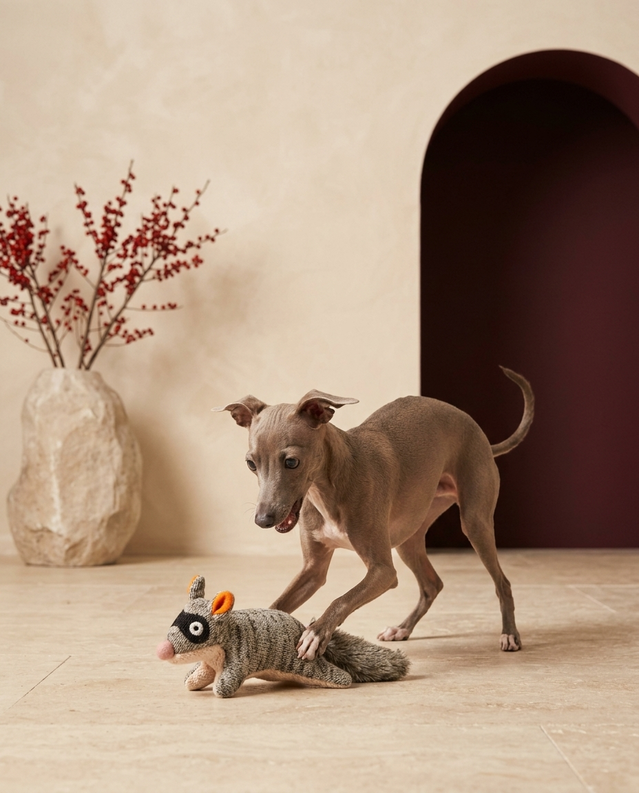Italian Greyhound playing with the Iggy Grey plush hunting squeaky toy