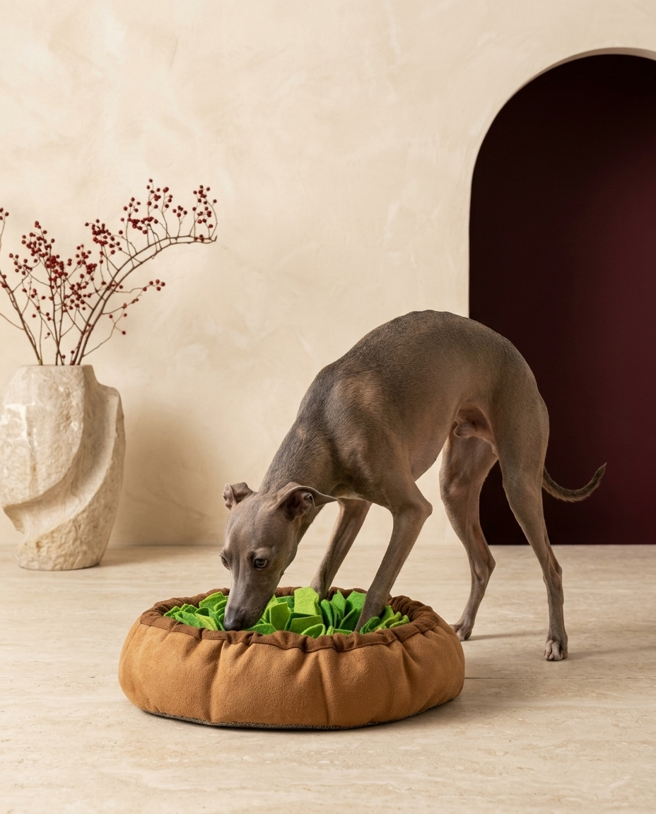 Italian Greyhound playing on the Iggy Grey interactive snuffle mat