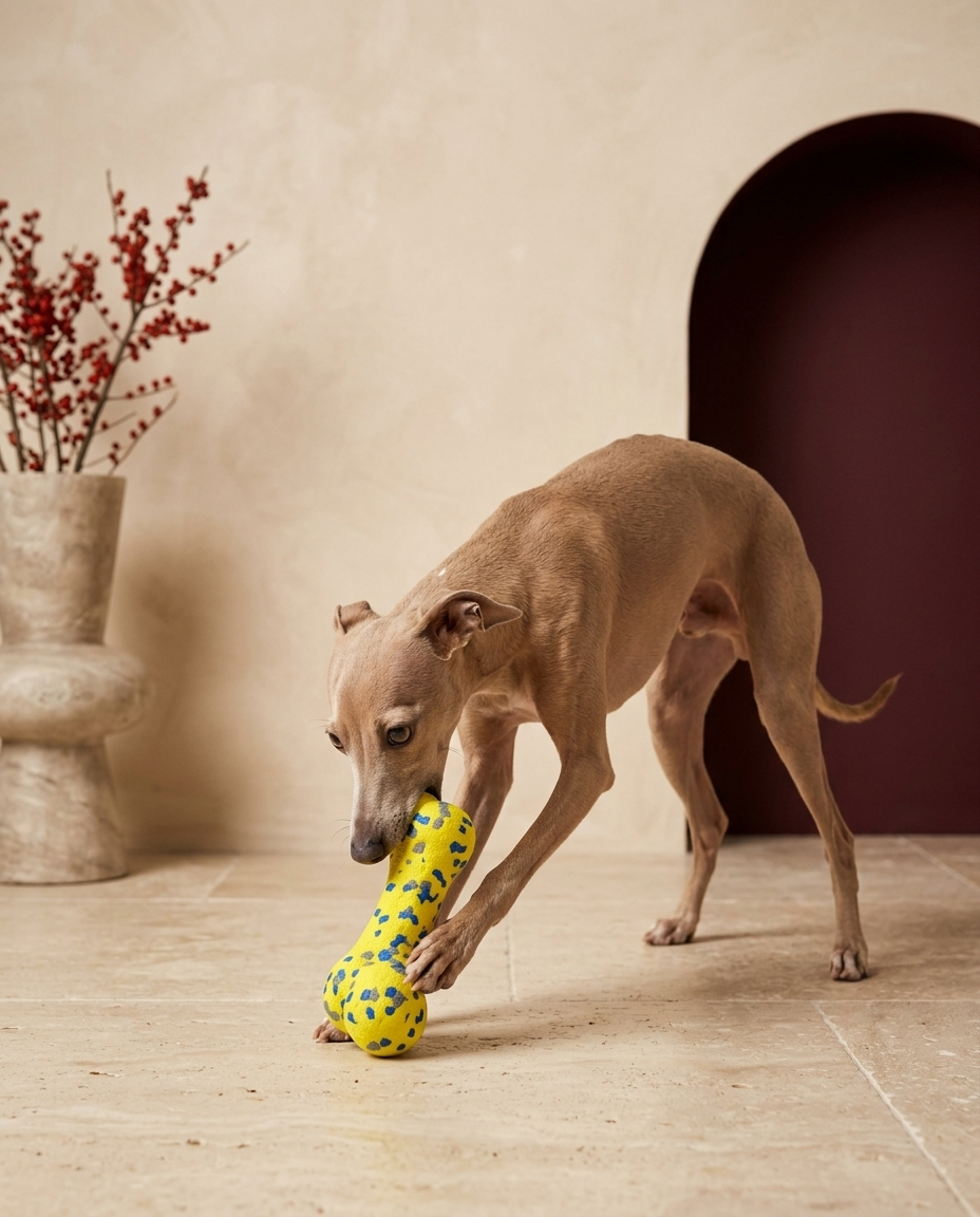 Italian Greyhound chewing the Iggy Grey dental cleaning bone toy
