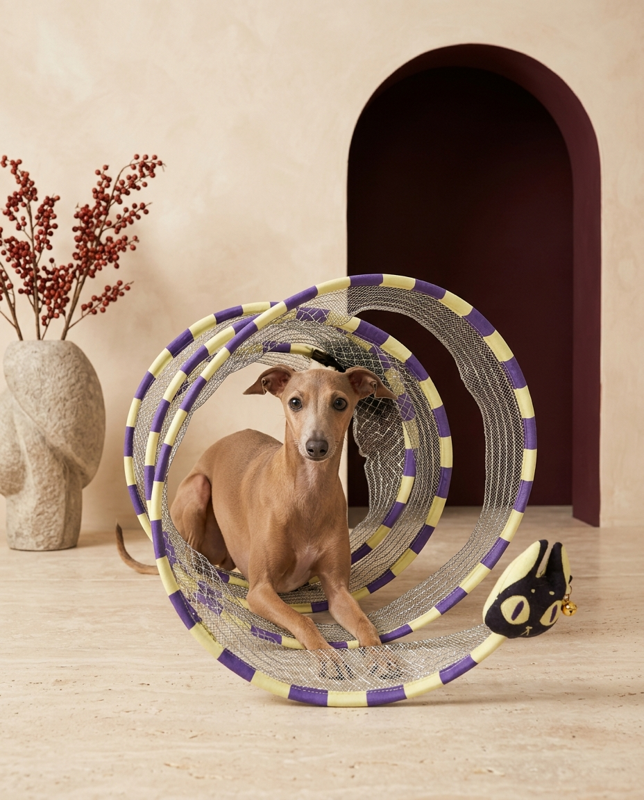 Italian Greyhound playing with the Iggy Grey interactive mesh tunnel toy
