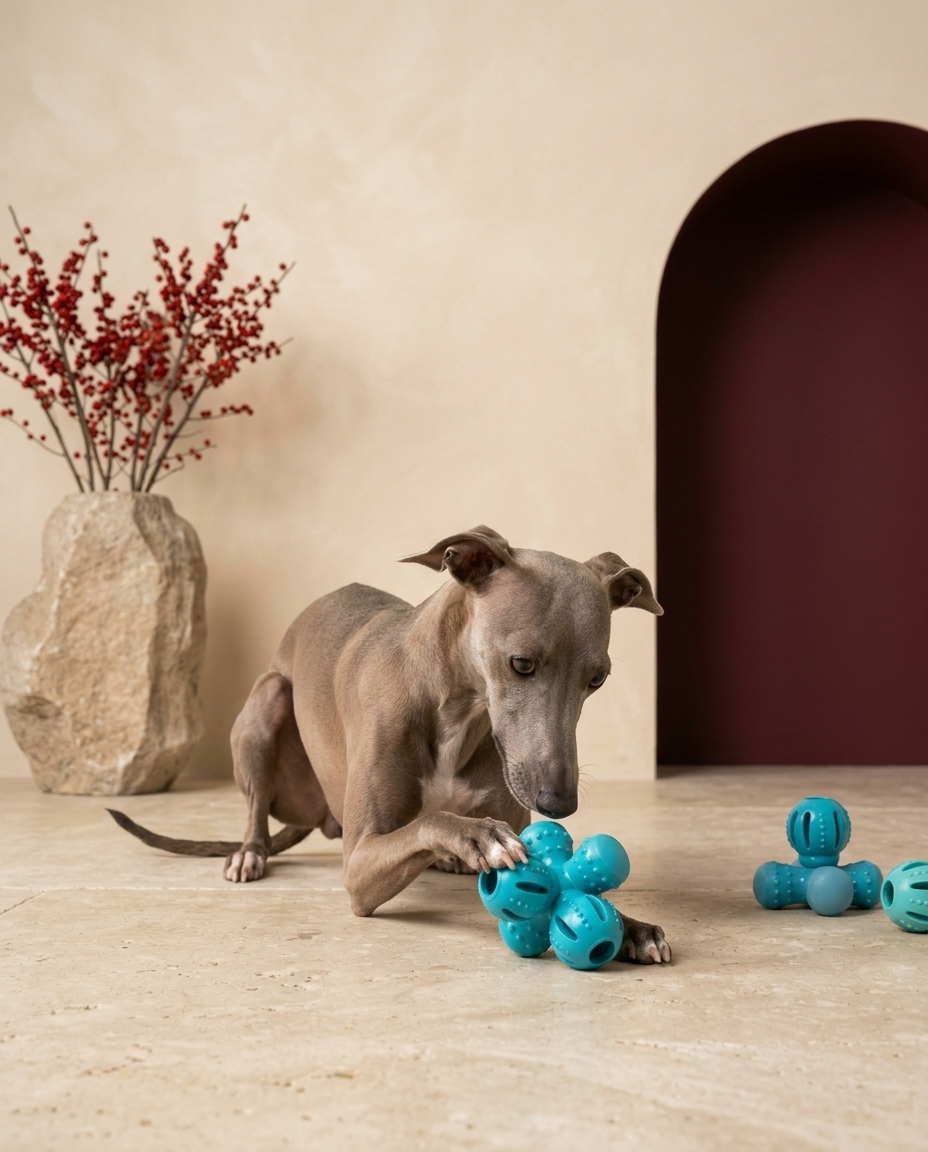 Italian Greyhound playing with the Iggy Grey educational treat dispenser toy