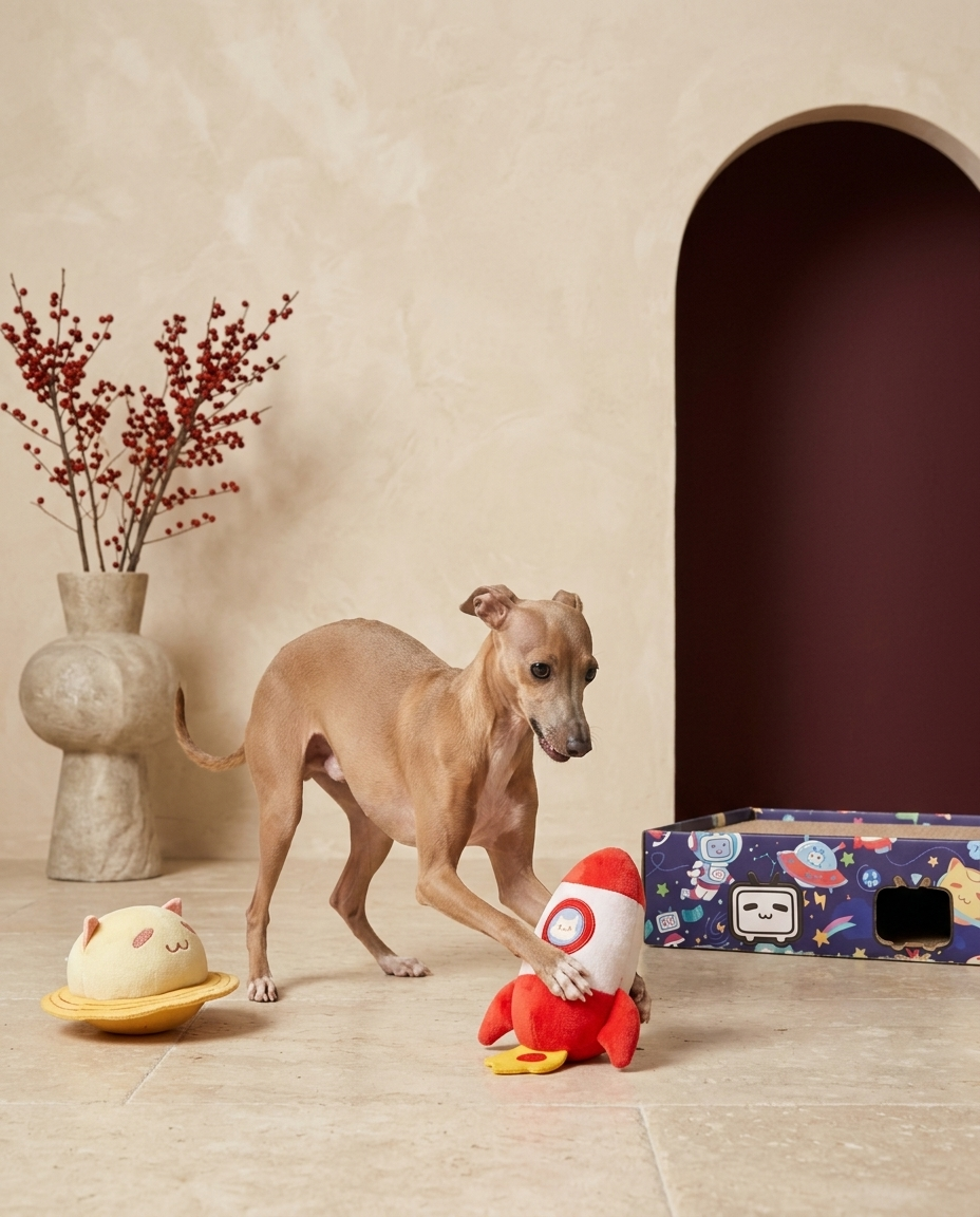 Italian Greyhound playing with the Iggy Grey interactive plush pillow rocket toy