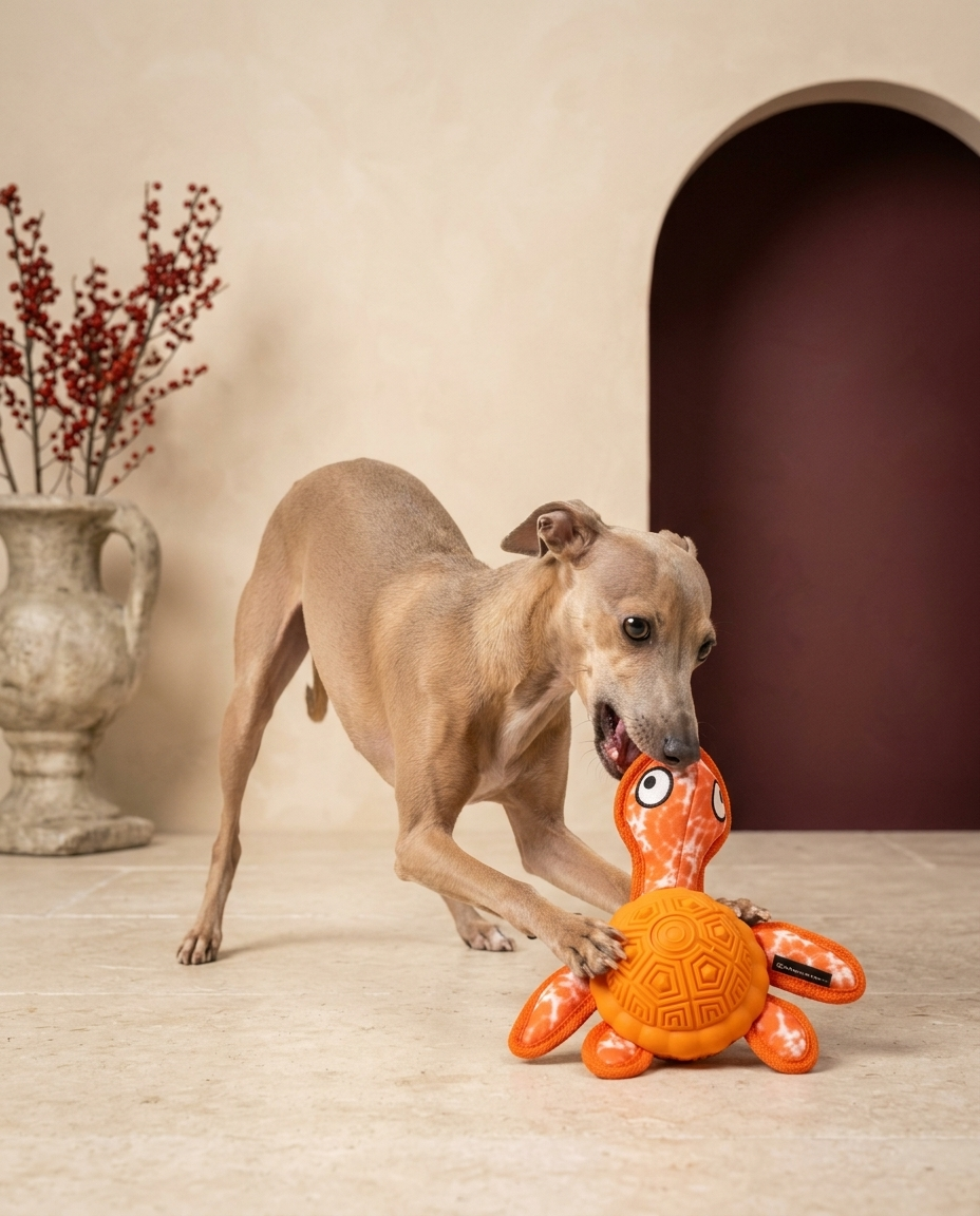 Italian Greyhound playing with the Iggy Grey rubber Tibetan turtle toy