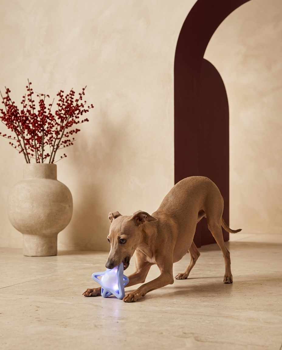 Italian Greyhound playing with the Iggy Grey light-up sounding toy