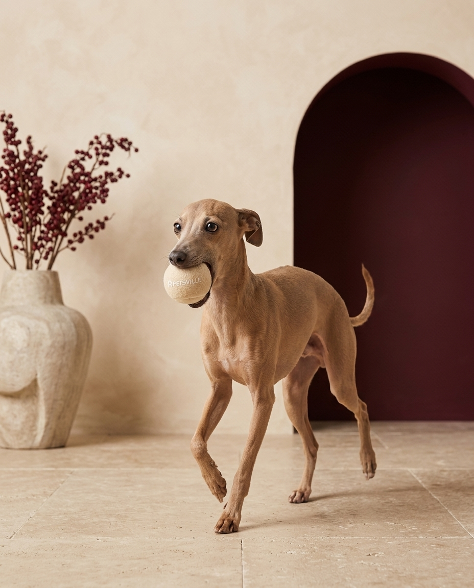 Italian Greyhound playing with the Iggy Grey ice cream tennis ball toy