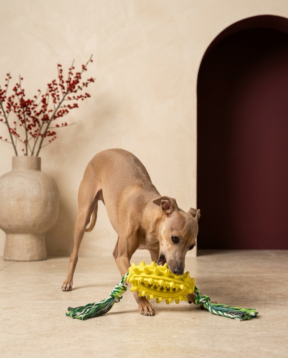 Italian Greyhound playing with the Iggy Grey treat dispensing chew toy