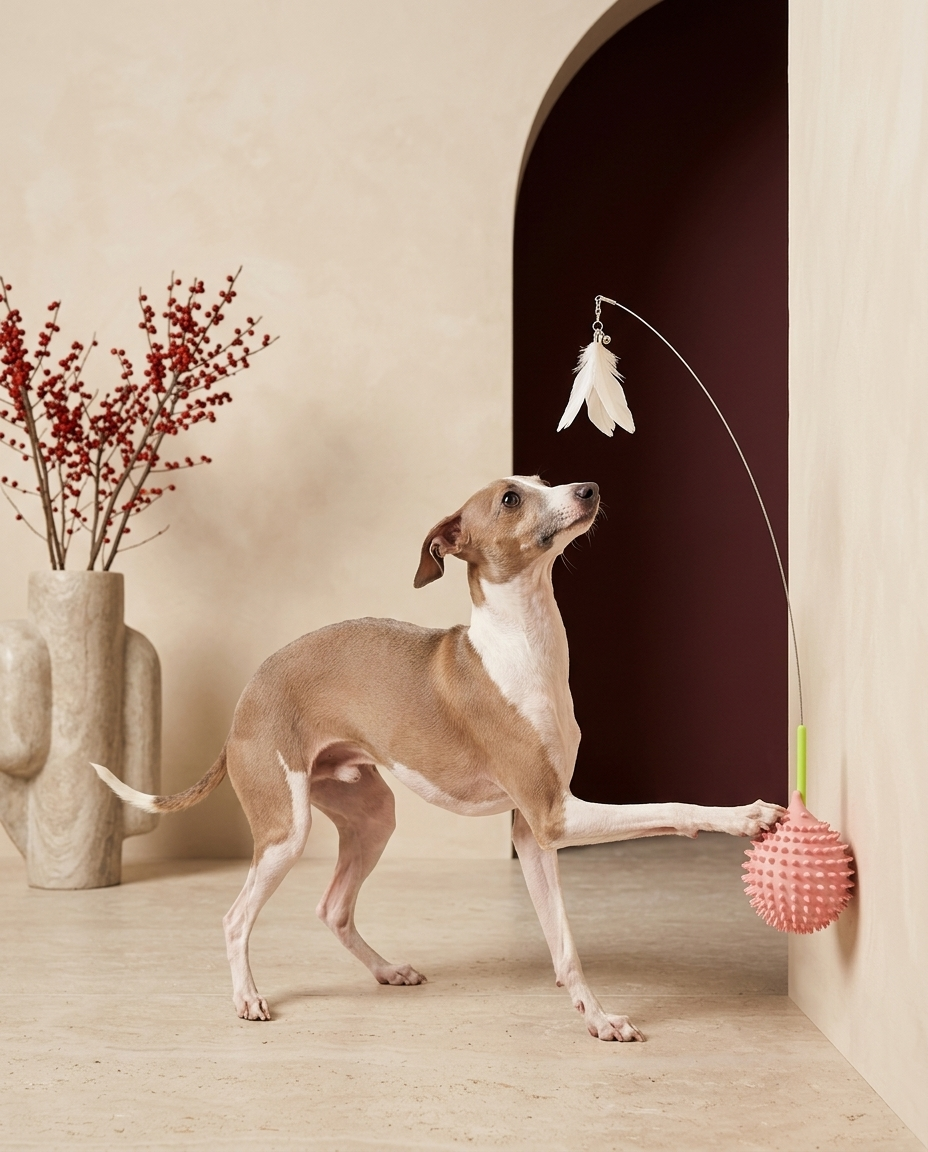 Italian Greyhound playing with the Iggy Grey hedgehog corner scratching toy