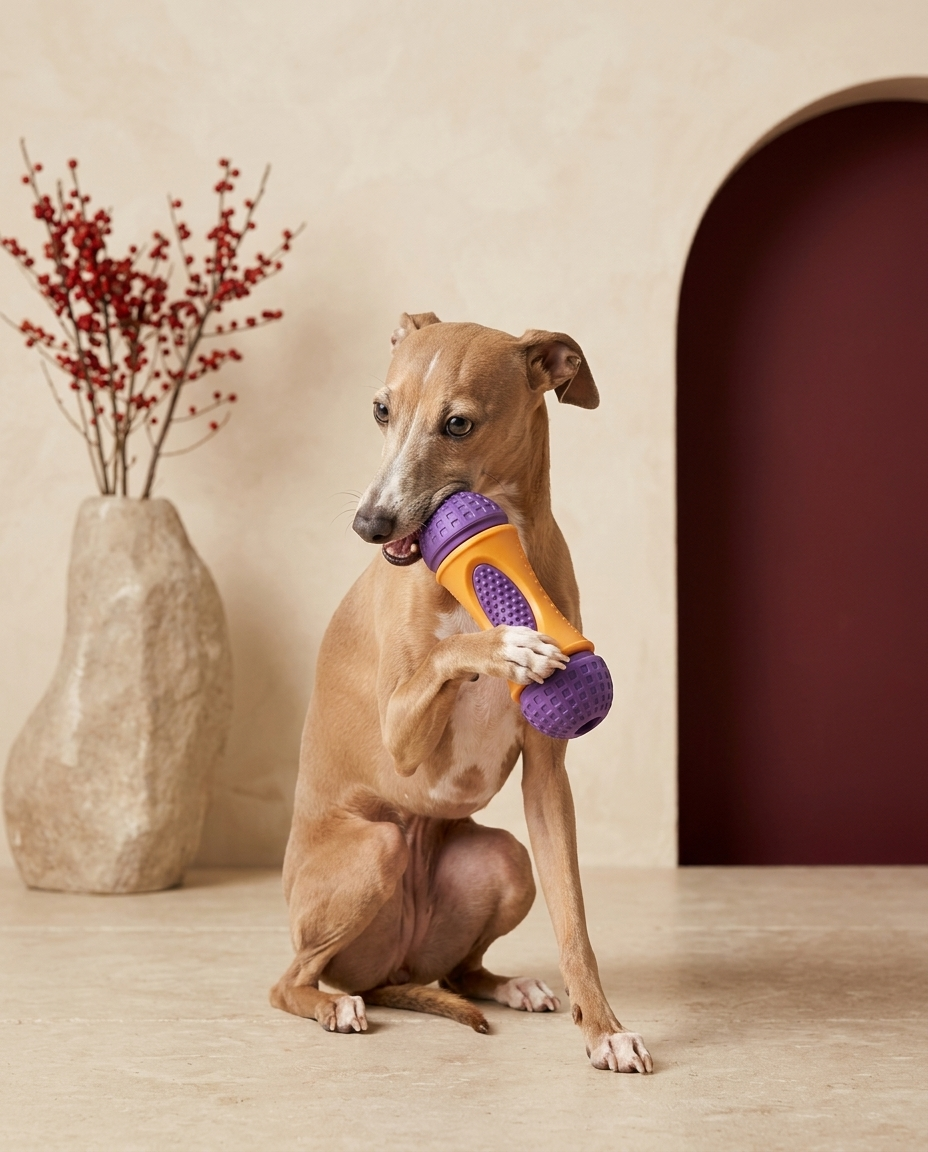 Italian Greyhound chewing the Iggy Grey dental chew stick toy