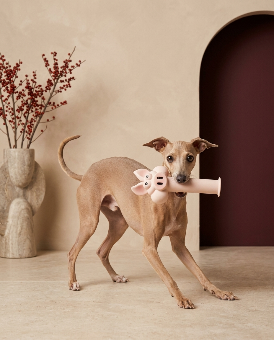 Italian Greyhound playing with the Iggy Grey funny latex squeaky toy