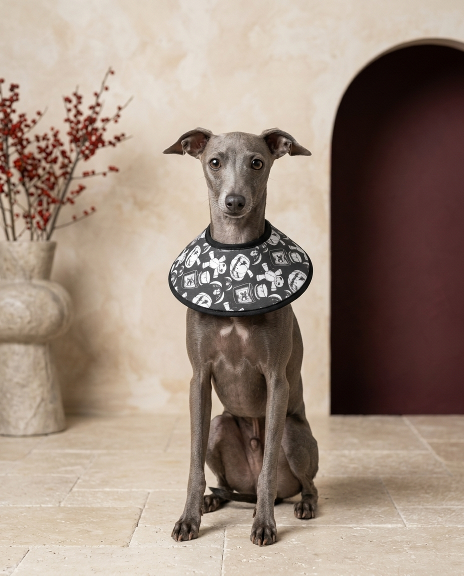 Italian Greyhound wearing the Iggy Grey soft Elizabethan recovery cone collar
