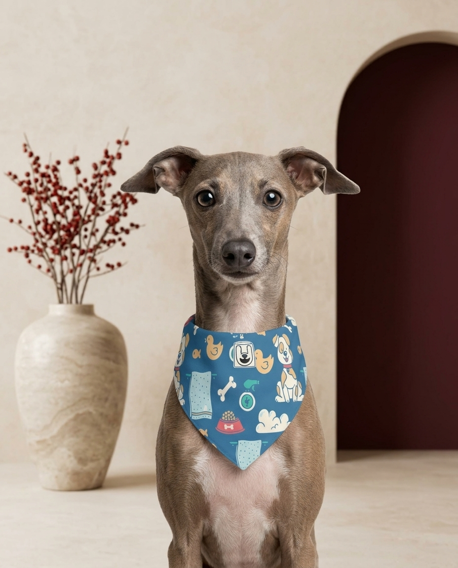 Italian Greyhound wearing the Iggy Grey stylish bandana